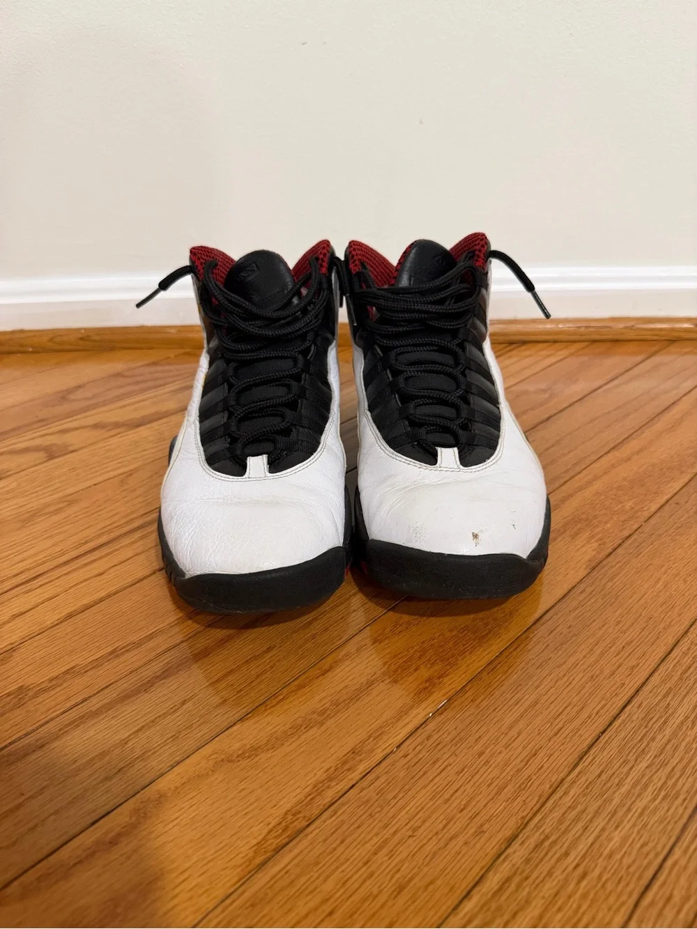 Jordan Retro ‘Bull’ 10 High-Top Sneakers in White, Black & Red